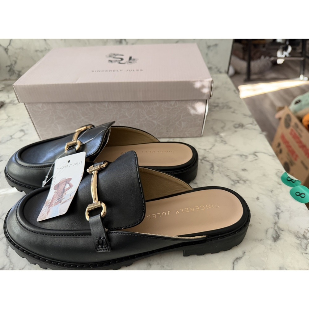 Sincerely Jules Ragu Black Lug Sole Horsebit Mule Slide Loafers Womens 8M